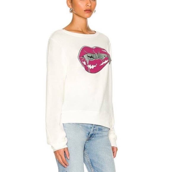 NEW Wildfox Vampire Fangs Holographic Glitter Teeth Lips Graphic Sweatshirt - Picture 4 of 10